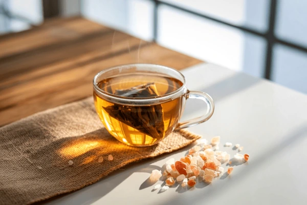 Sunlight falling on linen sheets and a cup of tea on a wooden tray